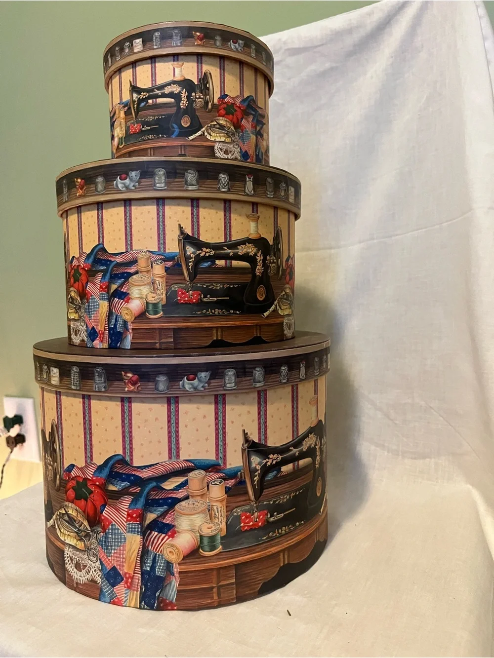 Set of 3 Decorative Sewing-Themed Storage Nested Boxes - Cream & Multicolor